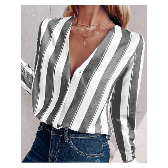  Casual Deep V-Neck Striped Women's Long Sleeve Shirt