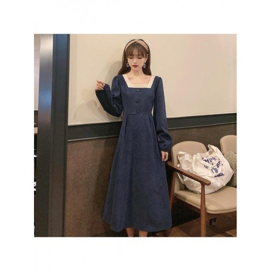  Pure Color Square Collar Women's Long Sleeve Dress