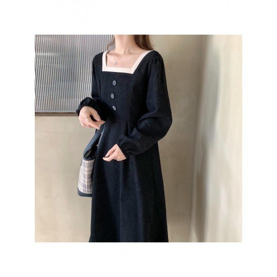  Pure Color Square Collar Women's Long Sleeve Dress