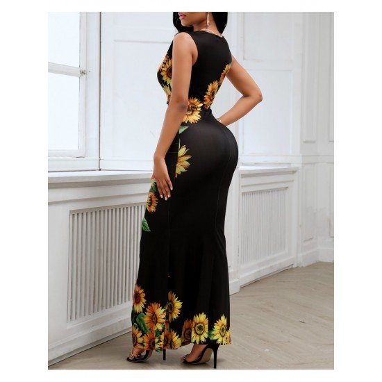  Summer V-Neck Split Hem Printing Women's Dress