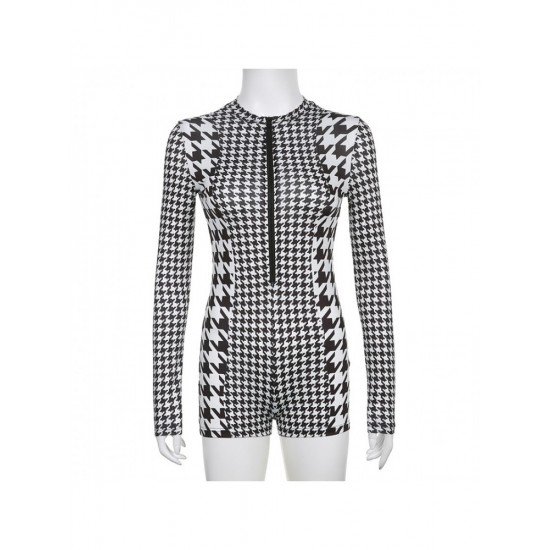 Houndstooth Zip Long Sleeve Rompers For Women