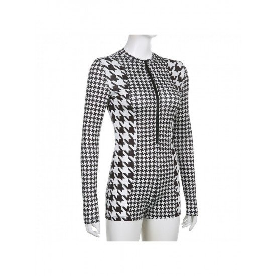 Houndstooth Zip Long Sleeve Rompers For Women