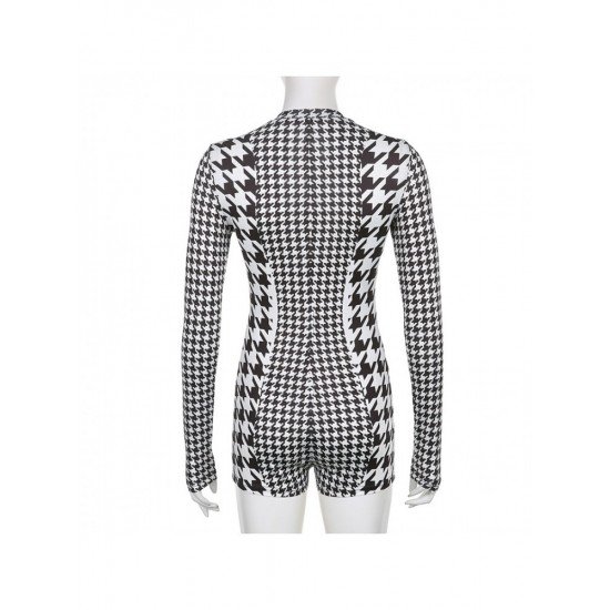 Houndstooth Zip Long Sleeve Rompers For Women