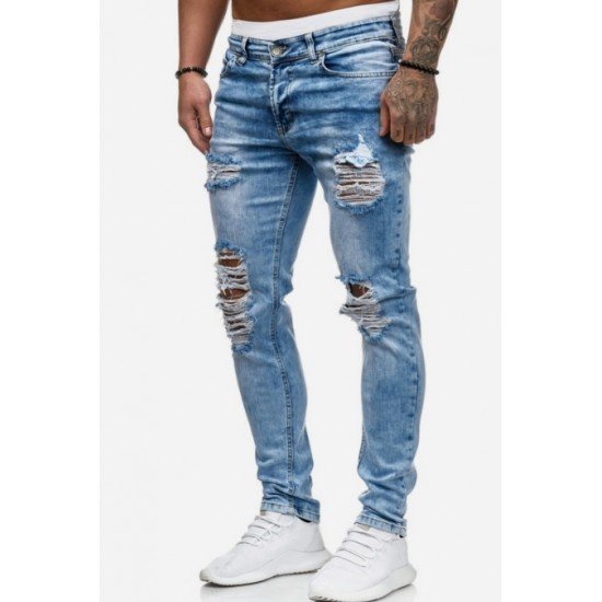  Fashion Pure Color Ripped Men's Denim Jeans