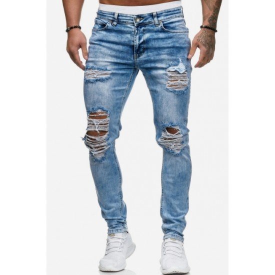  Fashion Pure Color Ripped Men's Denim Jeans