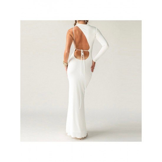 Tie Wrap Backless One Sleeve Maxi Dresses