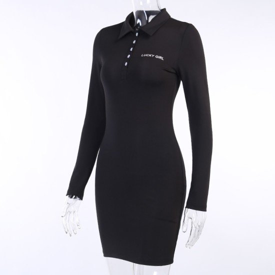 Letter Printed Long Sleeve Polo Collar Dresses