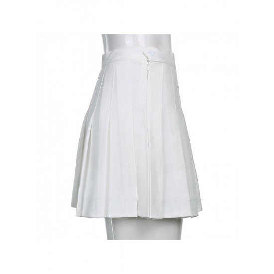 Trendy Tie Wrap Solid White Pleated Short Skirts