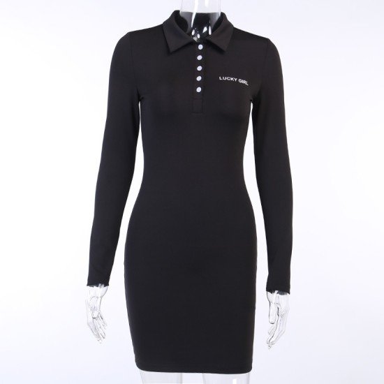 Letter Printed Long Sleeve Polo Collar Dresses