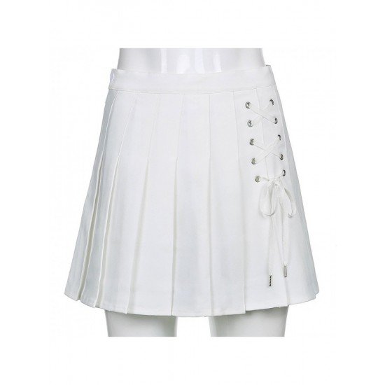 Trendy Tie Wrap Solid White Pleated Short Skirts