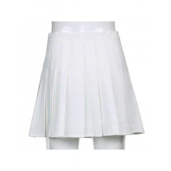 Trendy Tie Wrap Solid White Pleated Short Skirts