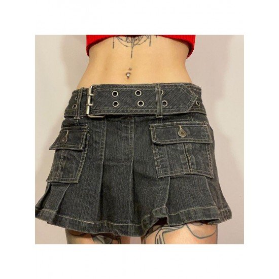 Y2K Style Pleated Mini Denim Skirts