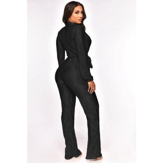 V Neck Solid Black Long Sleeve Jumpsuits