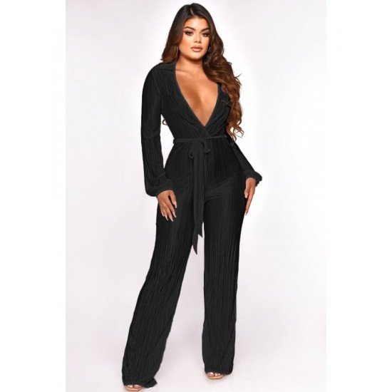 V Neck Solid Black Long Sleeve Jumpsuits