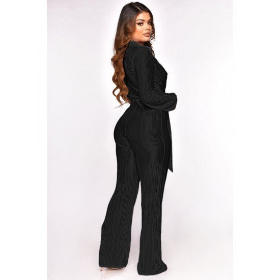 V Neck Solid Black Long Sleeve Jumpsuits