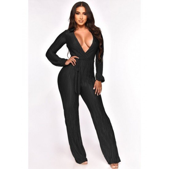 V Neck Solid Black Long Sleeve Jumpsuits