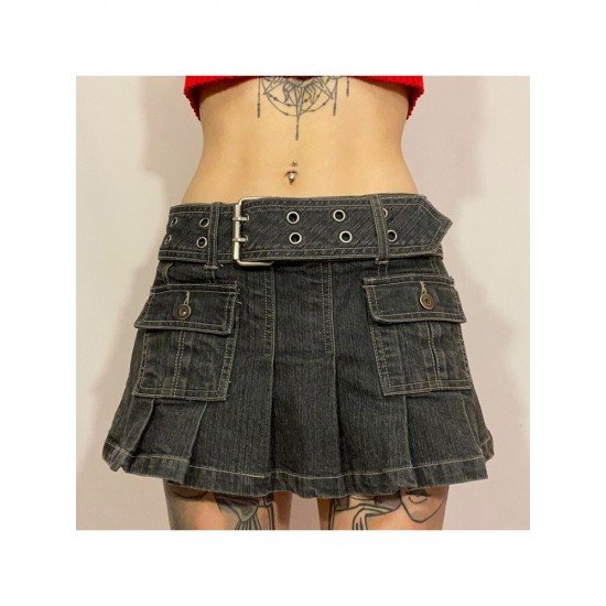 Y2K Style Pleated Mini Denim Skirts