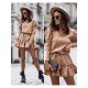  V-Neck Split Hem Puff Shoulder Short Dress