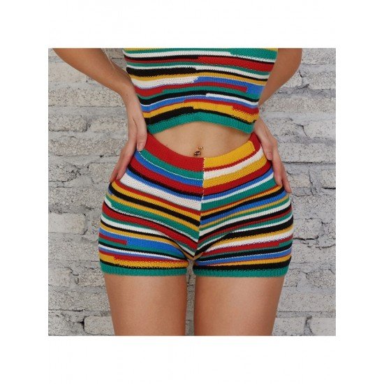 Tie Wrap Striped Halter 2 Piece Short Sets