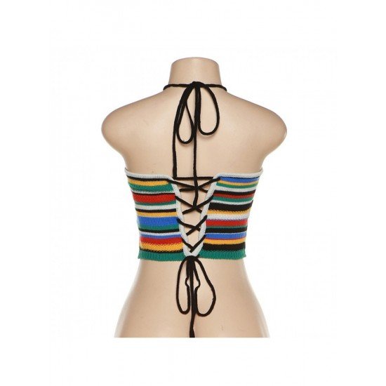 Tie Wrap Striped Halter 2 Piece Short Sets