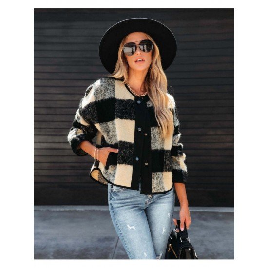  Fashion Casual Plaid Women's Lambswool Short Jacket