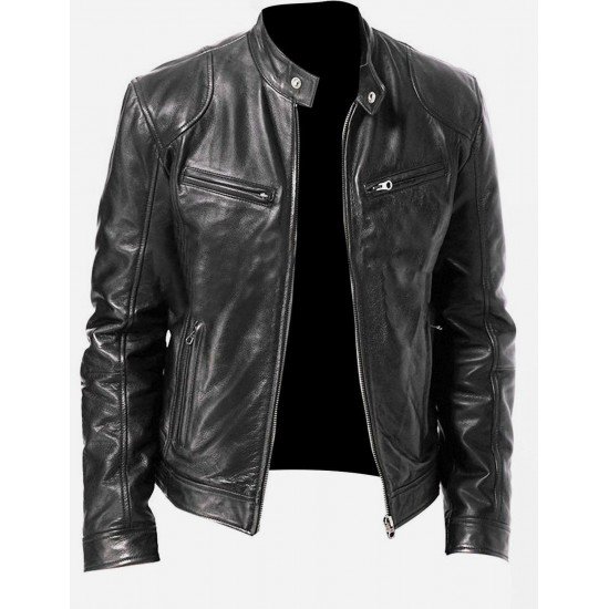 Leather Black Stand Collar Men Jackets