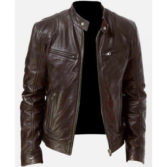 Leather Black Stand Collar Men Jackets