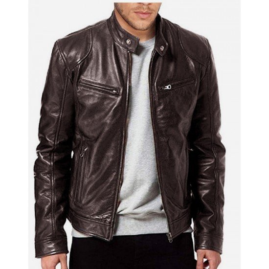 Leather Black Stand Collar Men Jackets