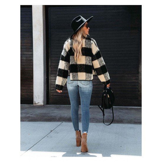  Fashion Casual Plaid Women's Lambswool Short Jacket