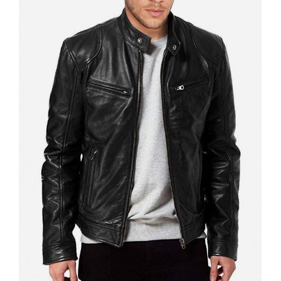 Leather Black Stand Collar Men Jackets