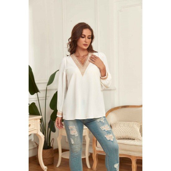 Ladies V Neck White Plus Size Blouse Tops