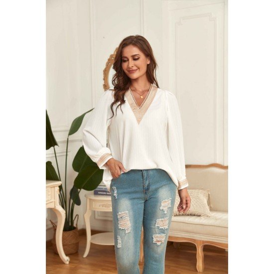 Ladies V Neck White Plus Size Blouse Tops