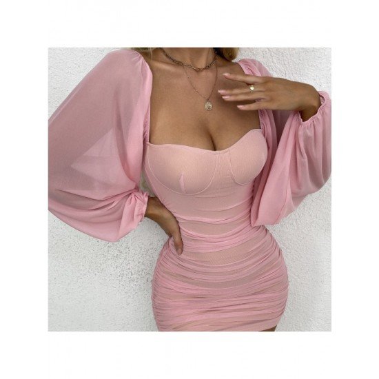  Sexy Square Collar See Through Women's Dress