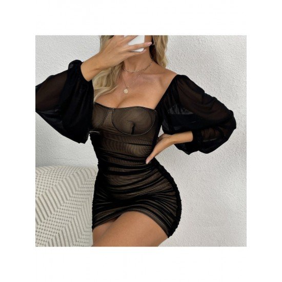  Sexy Square Collar See Through Women's Dress