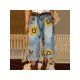  Fashion Flower Printing Ripped Women's Jeans