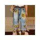  Fashion Flower Printing Ripped Women's Jeans