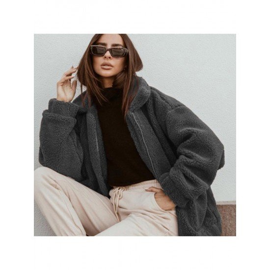 Winter Solid Pockets Women Faux Fur Coats