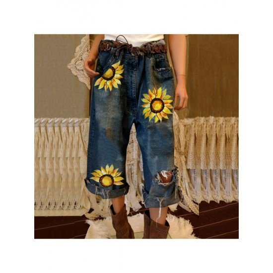  Fashion Flower Printing Ripped Women's Jeans