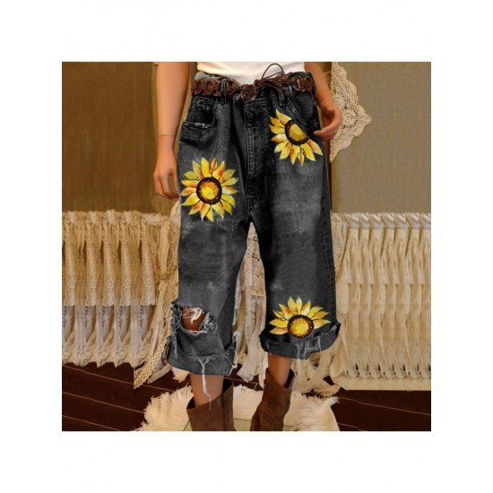  Fashion Flower Printing Ripped Women's Jeans