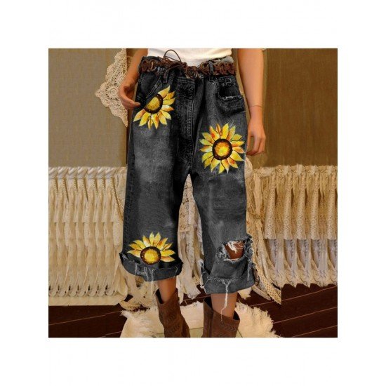  Fashion Flower Printing Ripped Women's Jeans