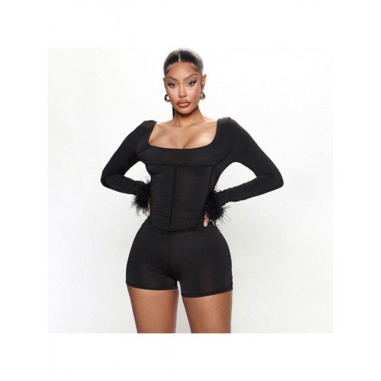  Black Skinny Square Neck Backless Women's Rompers