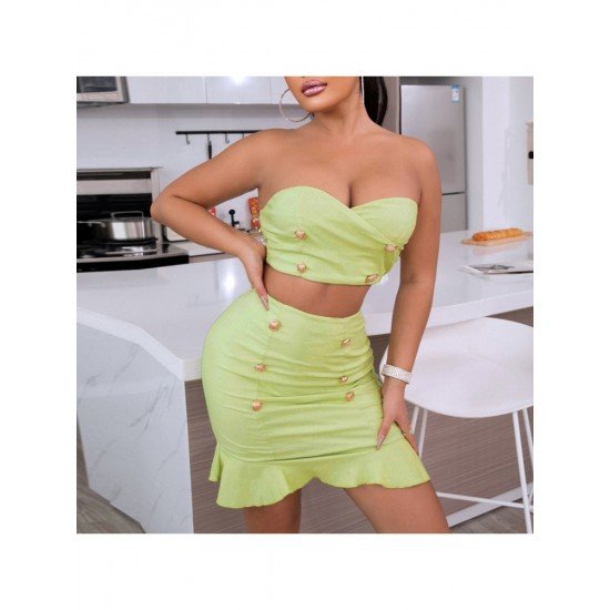  Sexy Pure Color Zipper Strapless Top Ruffle Skirt Sets