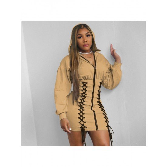  Pure Color Hooded Women's Long Sleeve Dress