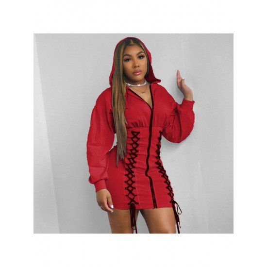  Pure Color Hooded Women's Long Sleeve Dress