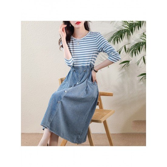  Casual Round Neck Striped Patchwork Long Sleeve Dress