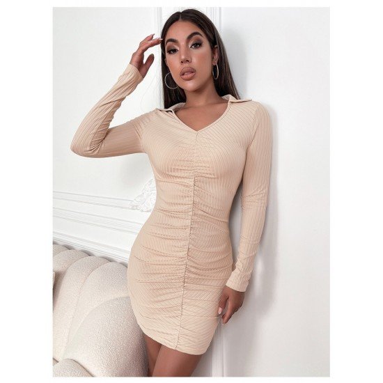 Casual Solid V Neck Long Sleeve Slim Fit Dress