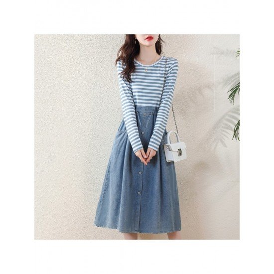  Casual Round Neck Striped Patchwork Long Sleeve Dress