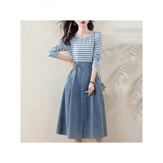  Casual Round Neck Striped Patchwork Long Sleeve Dress