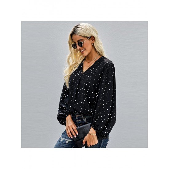  Casual V Neck Polka-dot Women's Long Sleeve Top