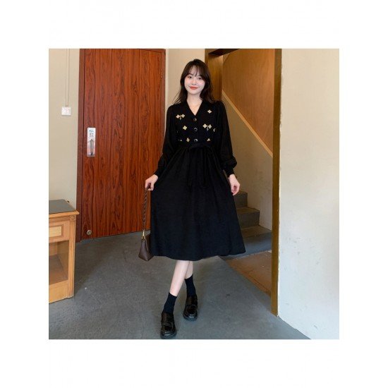  V-Neck Embroidery Temperament Women's Black Dress